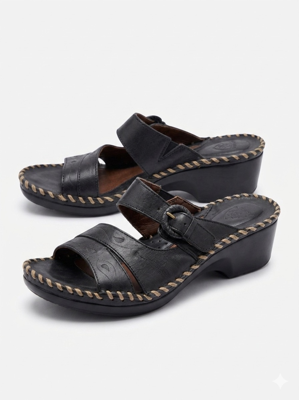 ARIAT 8 BLACK LEATHER BUCKLE VAMP SLIDE WEDGE 2" HEEL SANDALS VGUC MGK